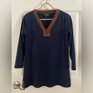 Ralph Lauren Navy Top with Suede Brown Trim Medium Petite